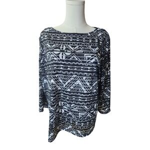 Ruby Rd Petite PXL Black White Geometric Tribal Print 3/4 Sleeve Lined Blouse